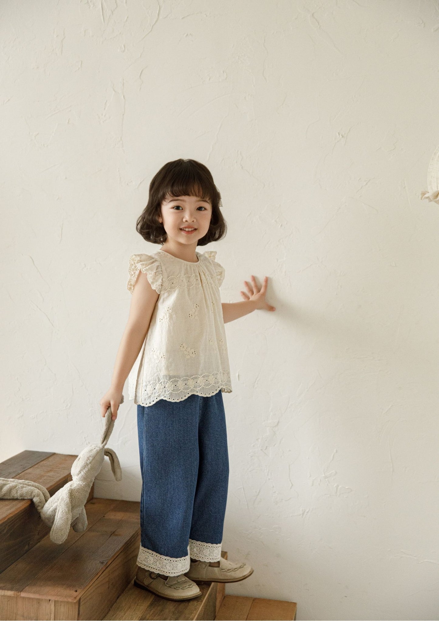  Girls Embroidered Cotton Sleeveless Top – Beige Floral Blouse