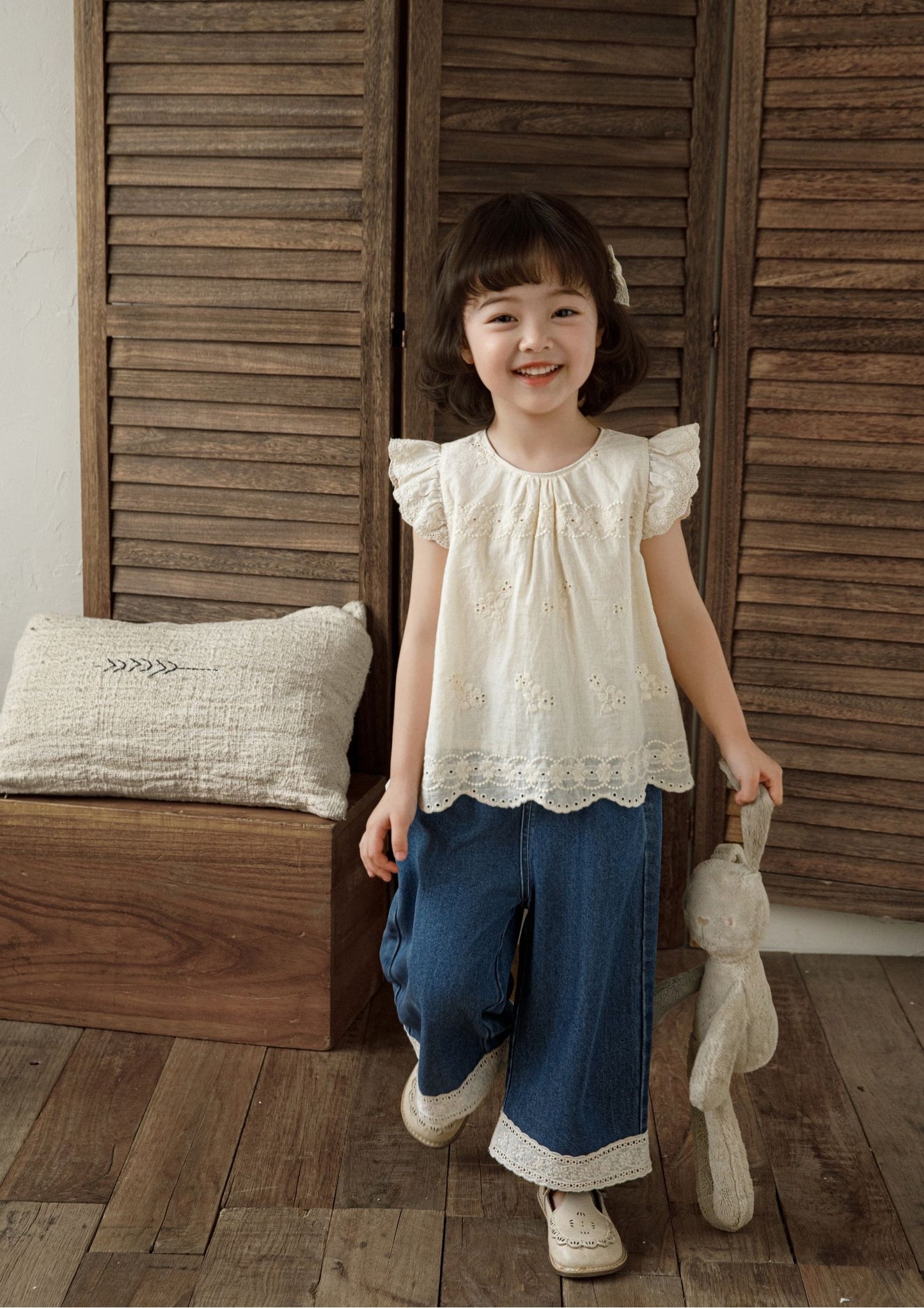 Girls Embroidered Cotton Sleeveless Top – Beige Floral Blouse