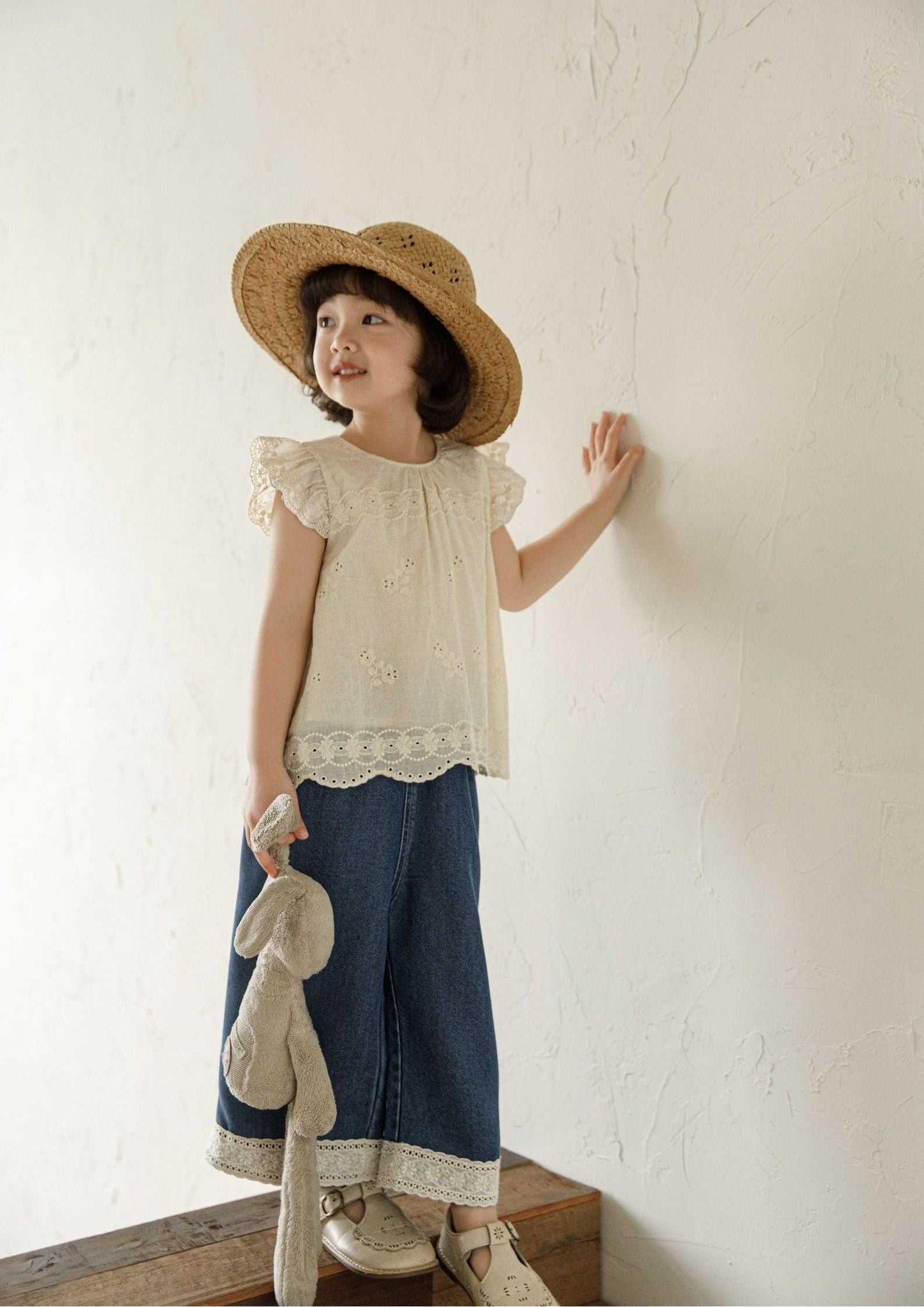 Girls embroidered cotton sleeveless beige floral top with ruffle sleeves and scalloped hem