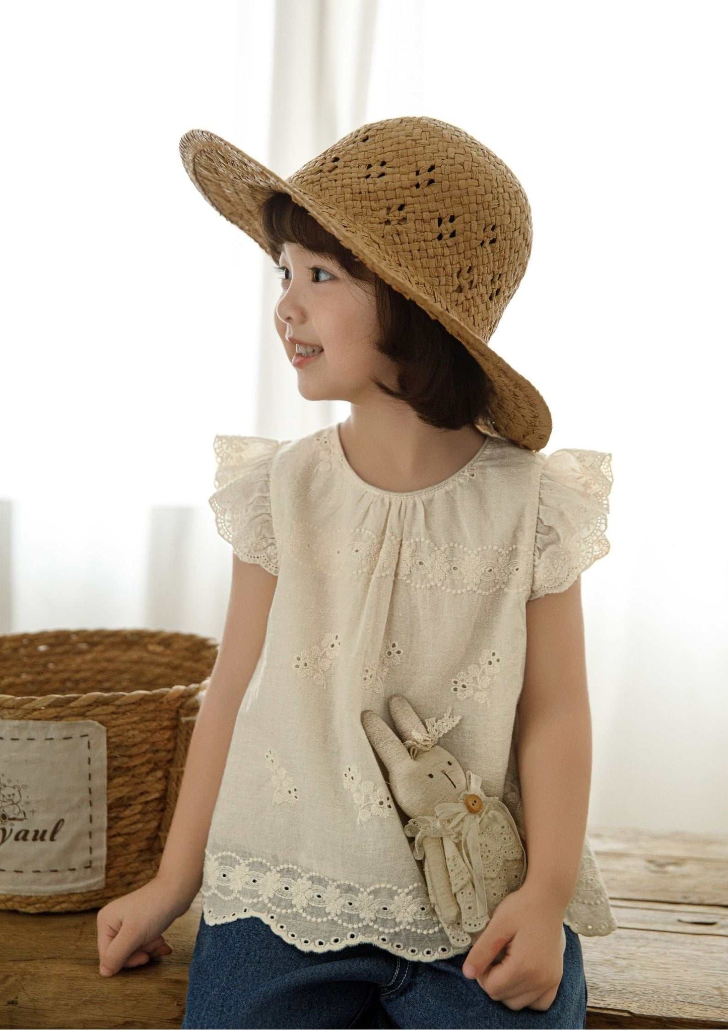 Girls embroidered cotton sleeveless beige floral top with ruffle sleeves and scalloped hem