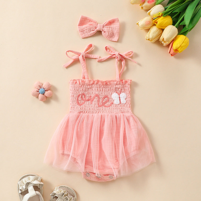 Towel Embroidery Mesh Slip Dress Bowknot Headband Two-piece Set
