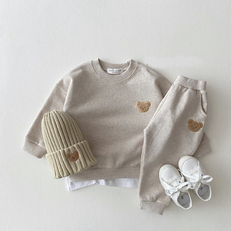 Korean Style Ins Newborn Infant Children's Cotton Bear Round Neck Sweater Sports Suit Baby Leisure Cartoon Two Piece Set - MomiDream