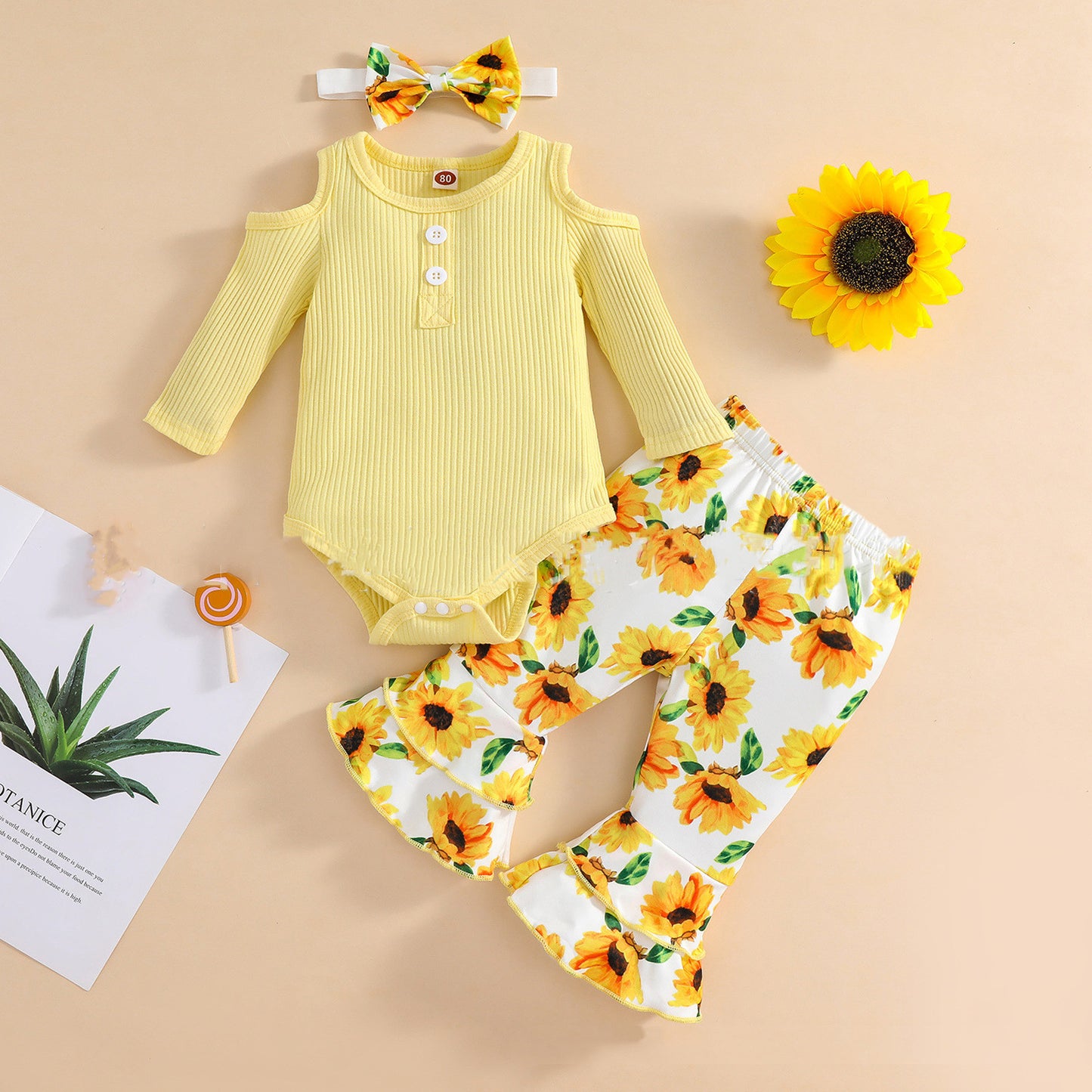 Girls' Sunken Stripe Rompers Jumpsuit Flower Flared Pants Hair Band Three-piece Set - MomiDream