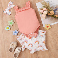 Girls' Fashion Sling Pit Striped Harness Printed Shorts Set