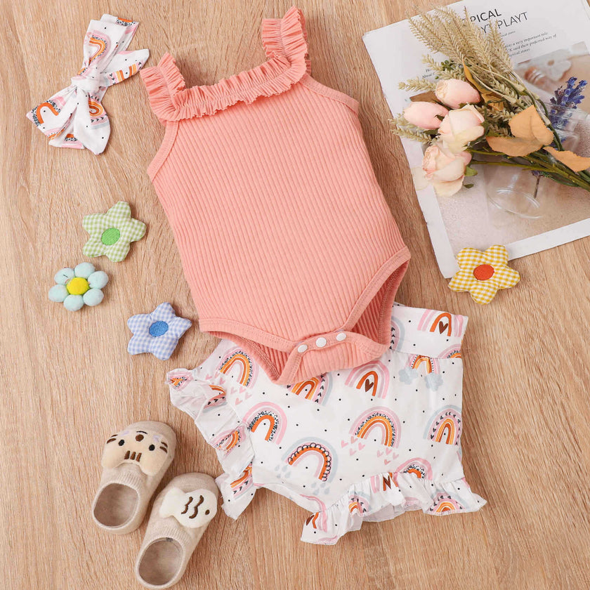 Girls' Fashion Sling Pit Striped Harness Printed Shorts Set