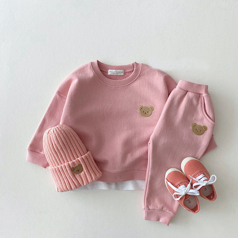 Korean Style Ins Newborn Infant Children's Cotton Bear Round Neck Sweater Sports Suit Baby Leisure Cartoon Two Piece Set - MomiDream