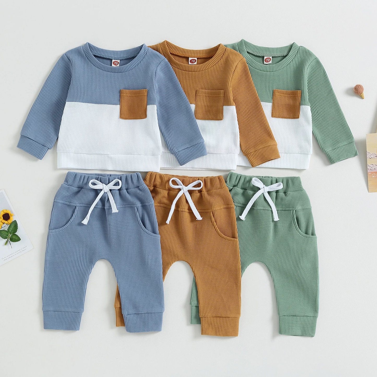 Color Matching Pocket Waffle Sweater Lace-up Sweatpants 2-Piece Children's Fashion Casual Wear Baby Suit - MomiDream