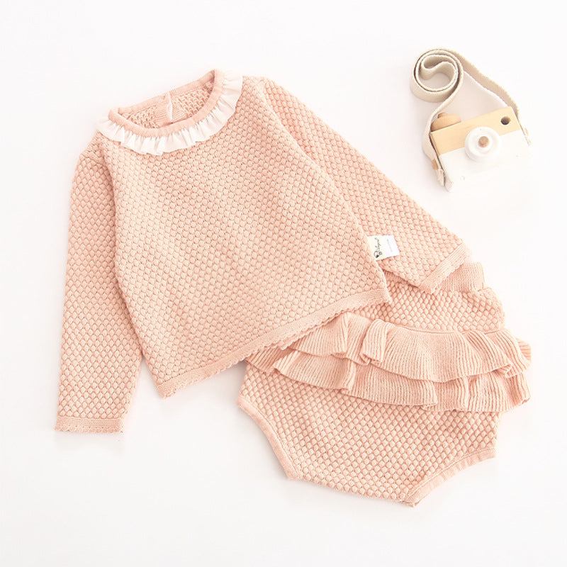 Baby Girl Baby Knitted Suit Embroidered Lotus Leaf Collar Top - MomiDream