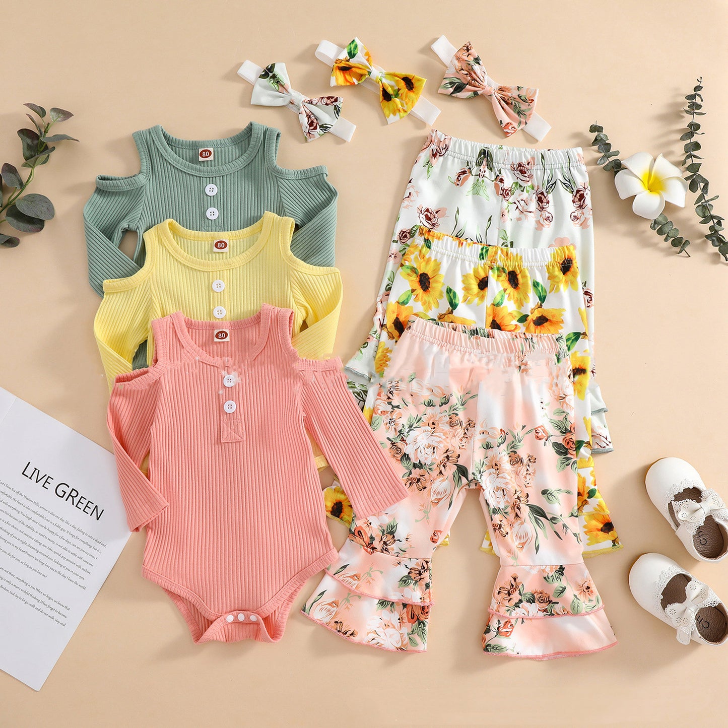 Girls' Sunken Stripe Rompers Jumpsuit Flower Flared Pants Hair Band Three-piece Set - MomiDream