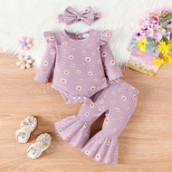 Children's Printed Top Bell-bottom Pants Hair Band Set