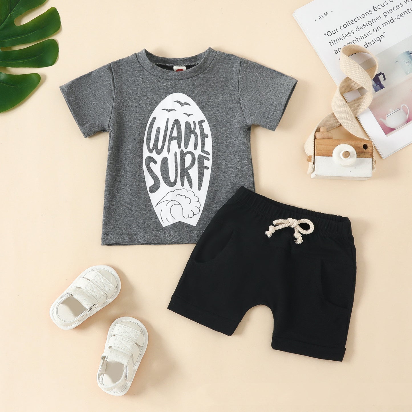 Children's Fashion Round Neck Printed Pullover Short Sleeve Shorts Suit - MomiDream