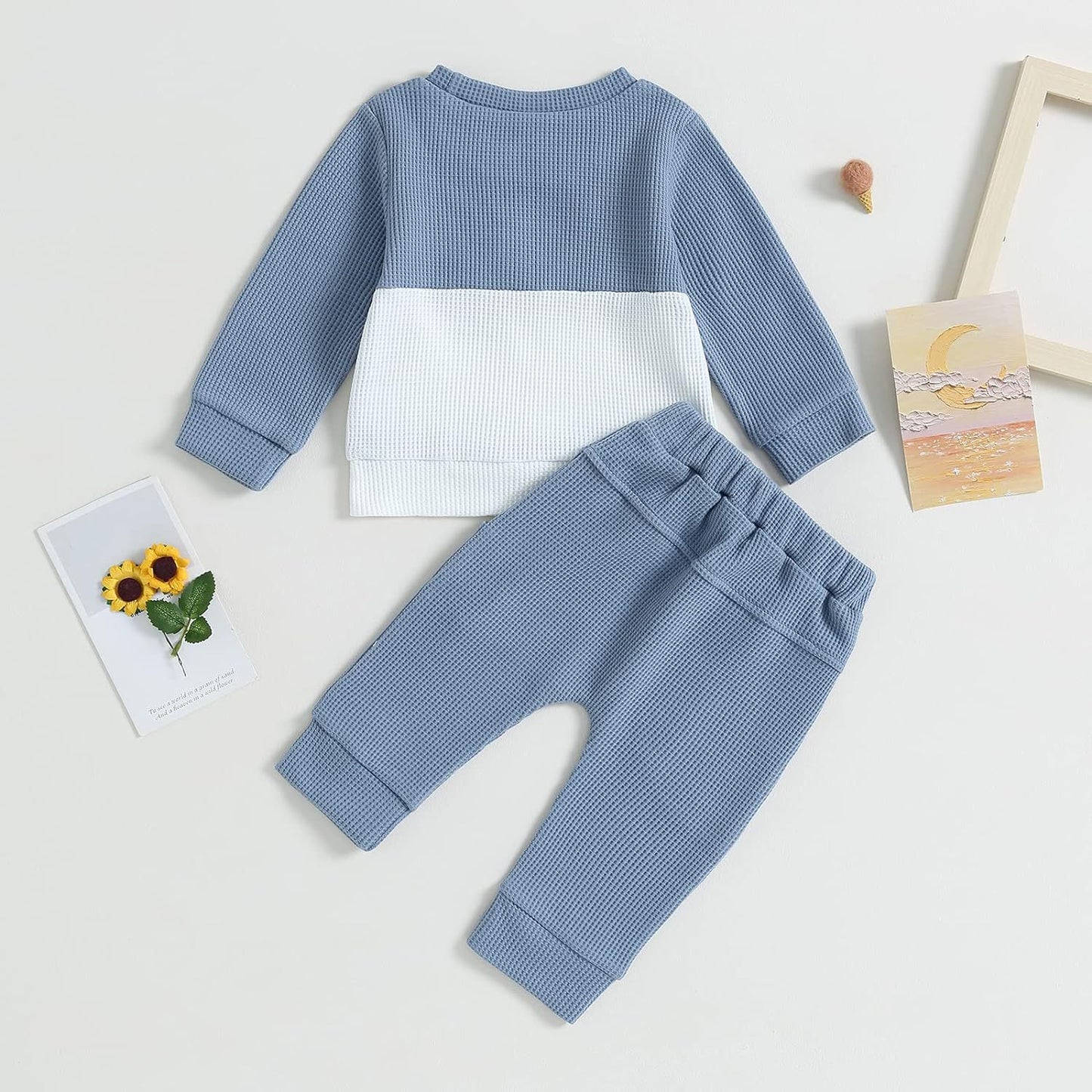 Color Matching Pocket Waffle Sweater Lace-up Sweatpants 2-Piece Children's Fashion Casual Wear Baby Suit - MomiDream