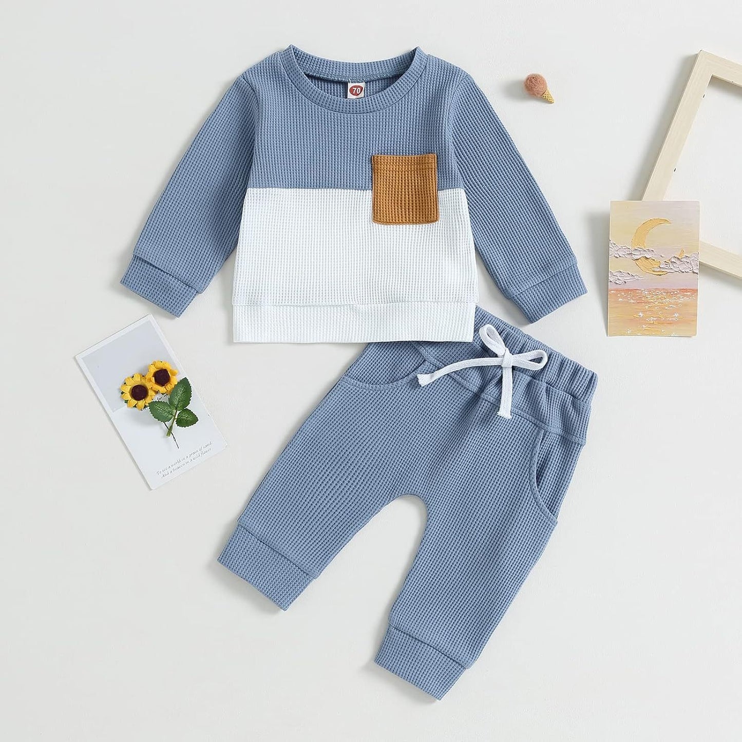 Color Matching Pocket Waffle Sweater Lace-up Sweatpants 2-Piece Children's Fashion Casual Wear Baby Suit - MomiDream