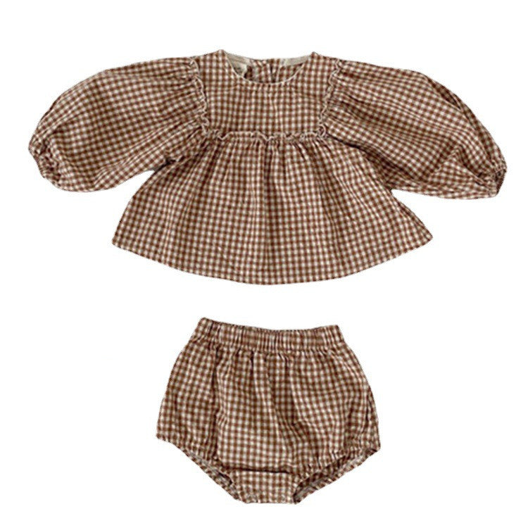 Girl's Suit Western Style Plaid Puff Sleeve Doll Top With Fart Pants Suit