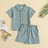 Summer Cotton And Linen Casual Style Short Sleeve Lapel Polo Shirt Two-piece Suit