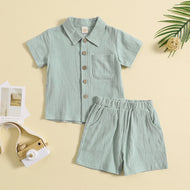 Summer Cotton And Linen Casual Style Short Sleeve Lapel Polo Shirt Two-piece Suit