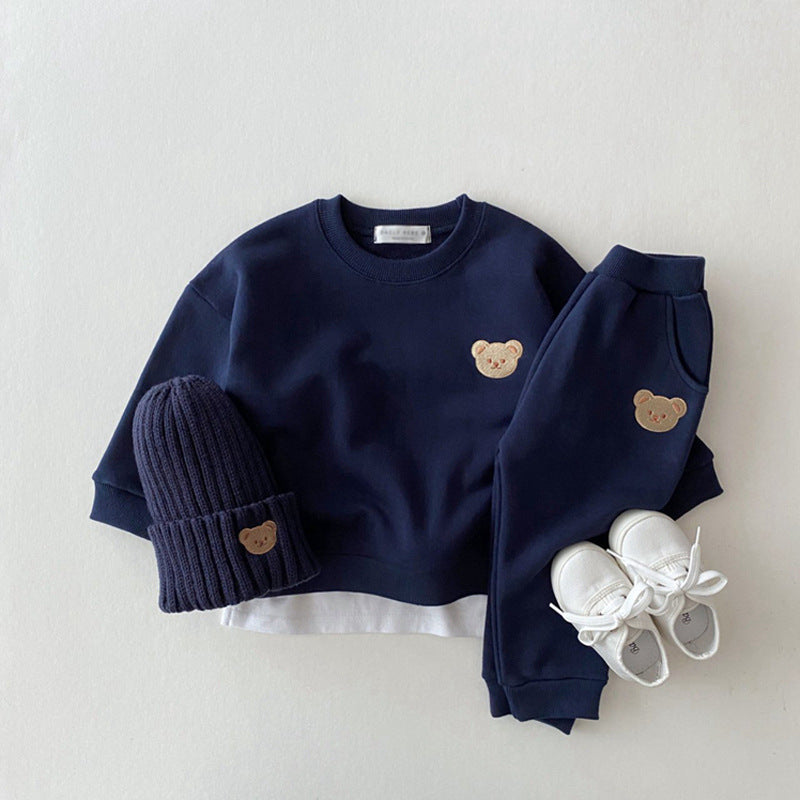 Korean Style Ins Newborn Infant Children's Cotton Bear Round Neck Sweater Sports Suit Baby Leisure Cartoon Two Piece Set - MomiDream