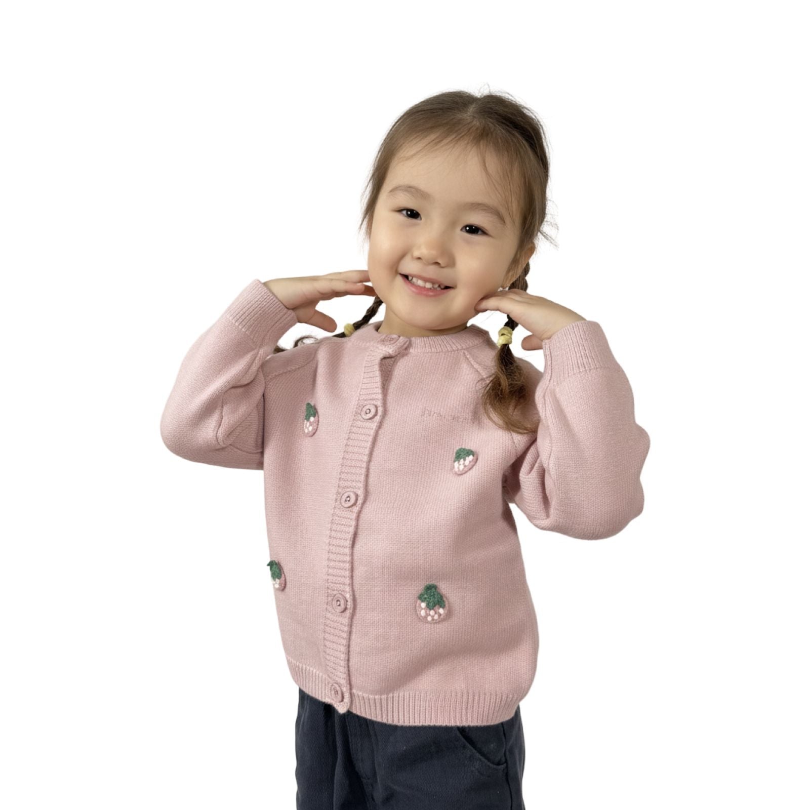 MomiDream girls' strawberry pink cardigan for toddlers, soft knit button sweater with cute strawberry design, cozy and stylish.