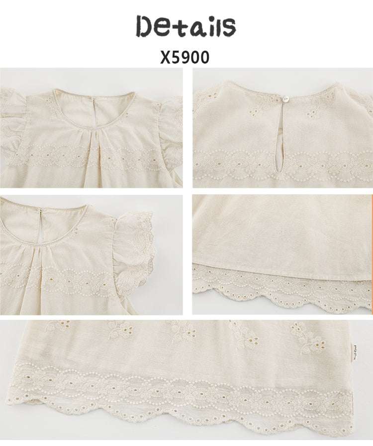 Beige girls sleeveless top with floral embroidery and scalloped hem made of 100% cotton
